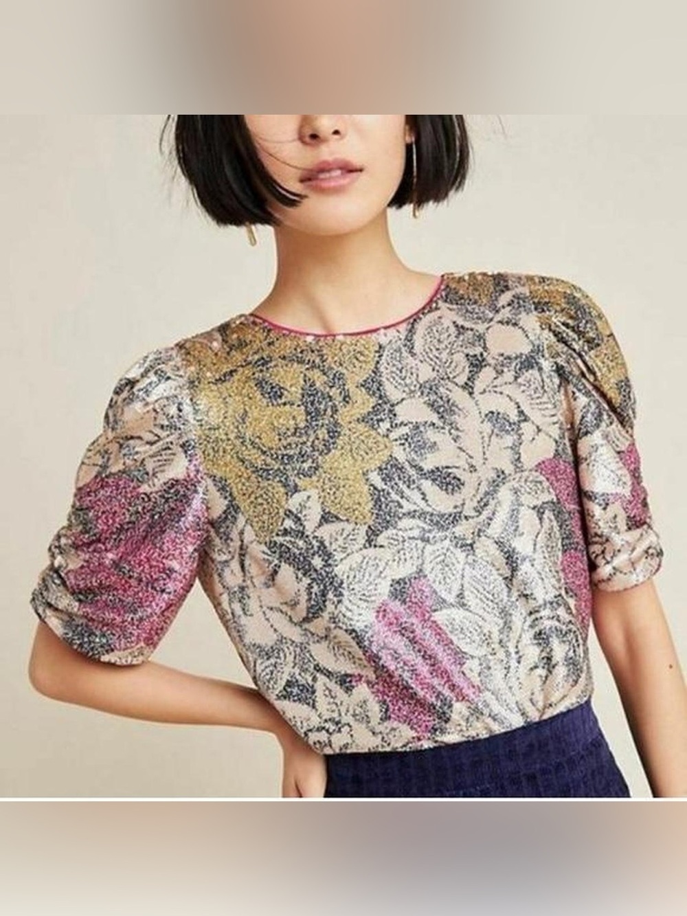 Anthropologie Marie Floral Sequin Blouse 14 Puff Sleeve Holiday Party Romance
